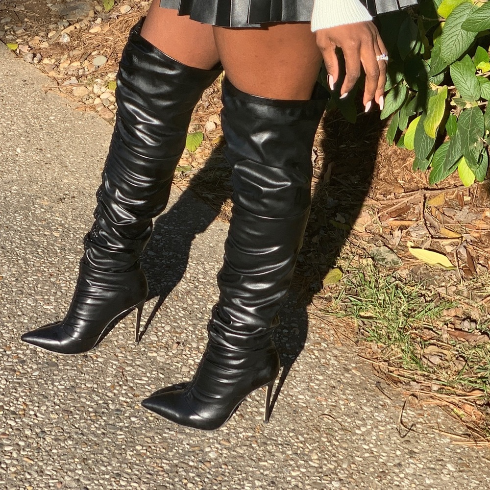 Black Ruched Vegan Leather Thigh Boots